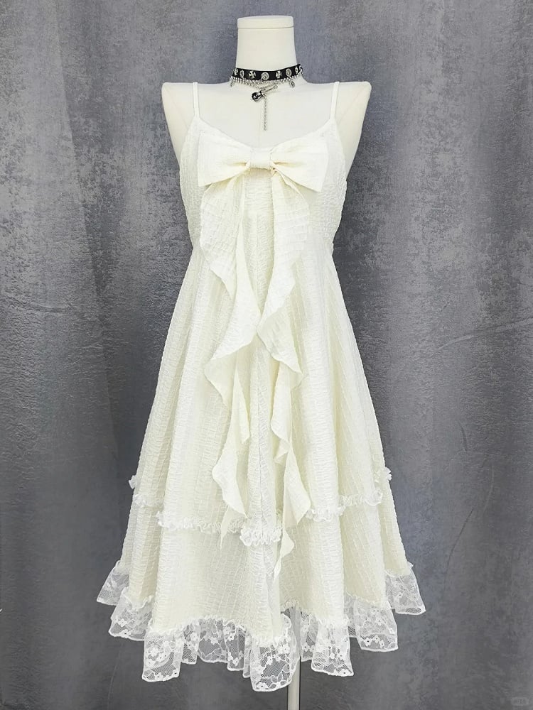 Big Bow Neckline Lace Skirt Apricot Cami Dress Trim Bubble