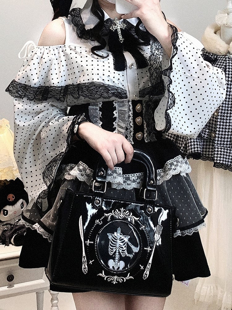 Jirai Sleeves Kei Polka-dot Bell / Blouse | White Pink