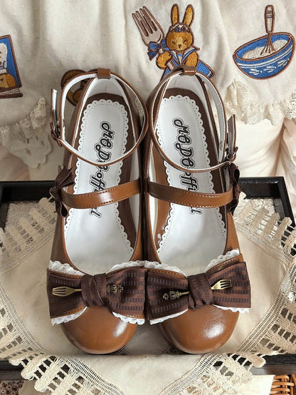Sweet Decoration Striped Bow with Jane Shoes Lace Mary Trim PU Platform Brown