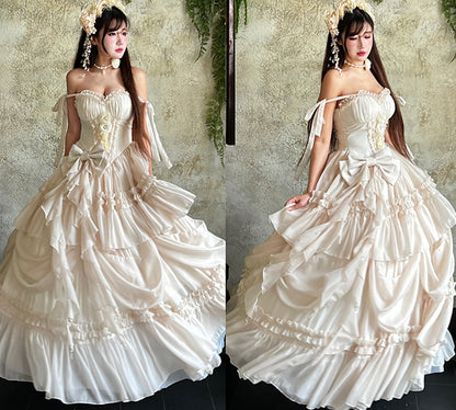 Dress Corset Gorgeous Waist Length Floor Flowers Apricot Gown Adorned Birthday