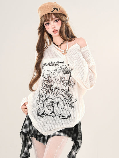 Locker sitzendes Neckholder-Stricktop mit Animalprint in Weiß/Schwarz