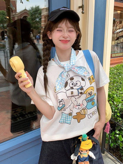 Cotton T-shirt Adorable Animal Print White Round Neck Loose