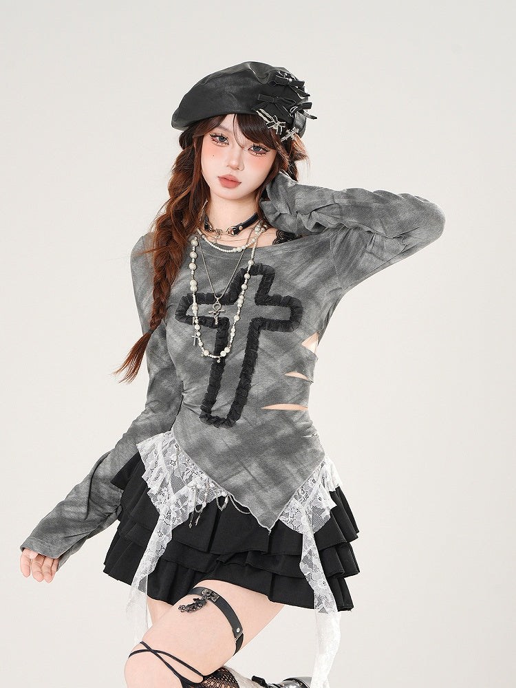 Details Gray/Green Lace One-Shoulder Cross Top Cutout with Applique and Plaid