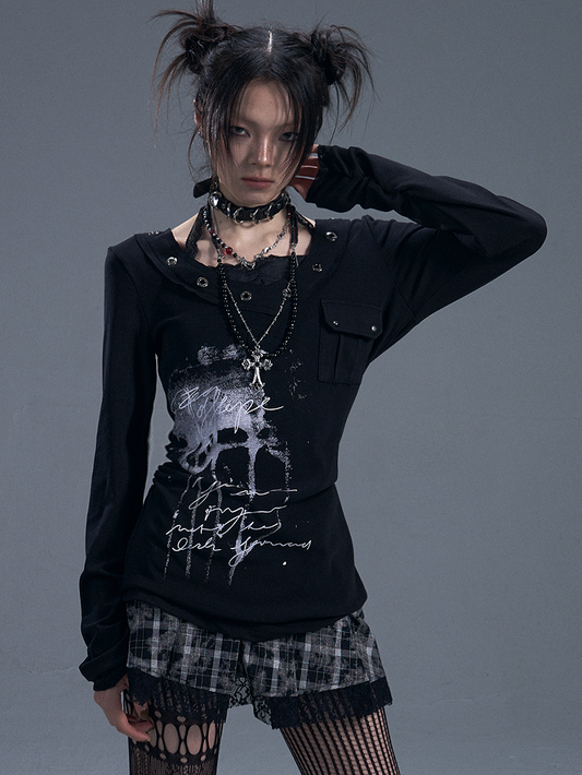 Graffiti with Halter V-Neck Knit Lace Buttons Mesh Punk Top Black