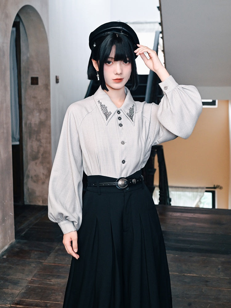 Shirt with Embroidery Light Bronze Gothic Sleeves Bishop Cheongsam Gray