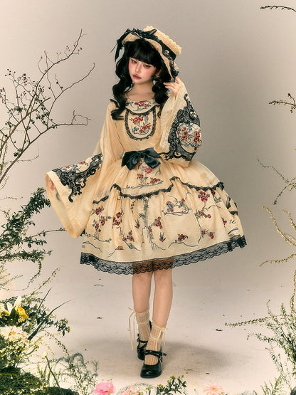 Han Lolita Sleeveless Dress with Floral Bird Print and Embroidery - Yimu Walnut