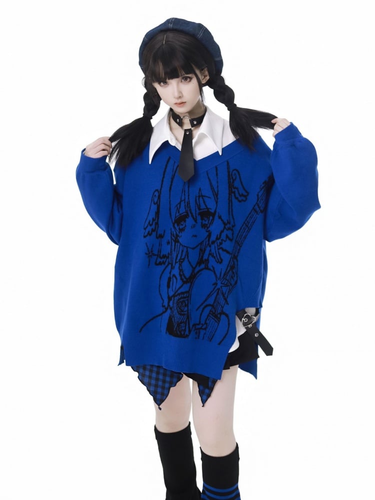 Blauer Pullover mit V-Ausschnitt und Herz-PU-Schnalle im Punkrock-Mädchen-Muster