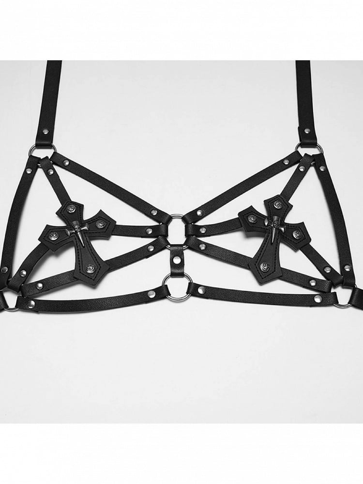 Cross Accents Black Leather Punk Halter Harness - Punk Rave