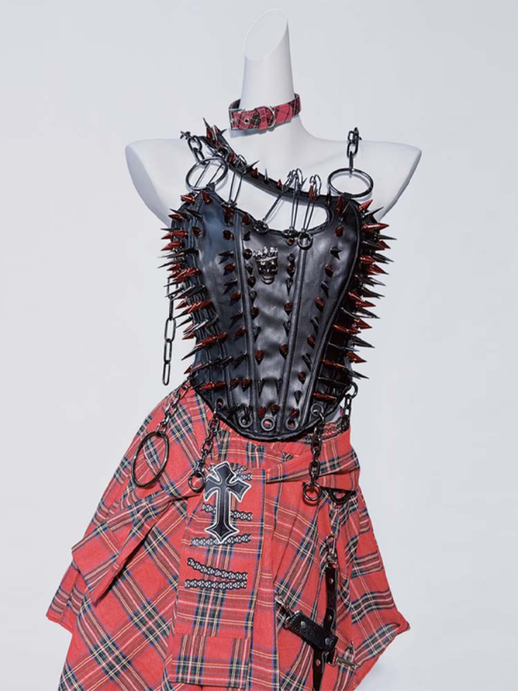 Black Punk Stud Pin Chain Detail PU Cami Top with Lace-up Closure at Back