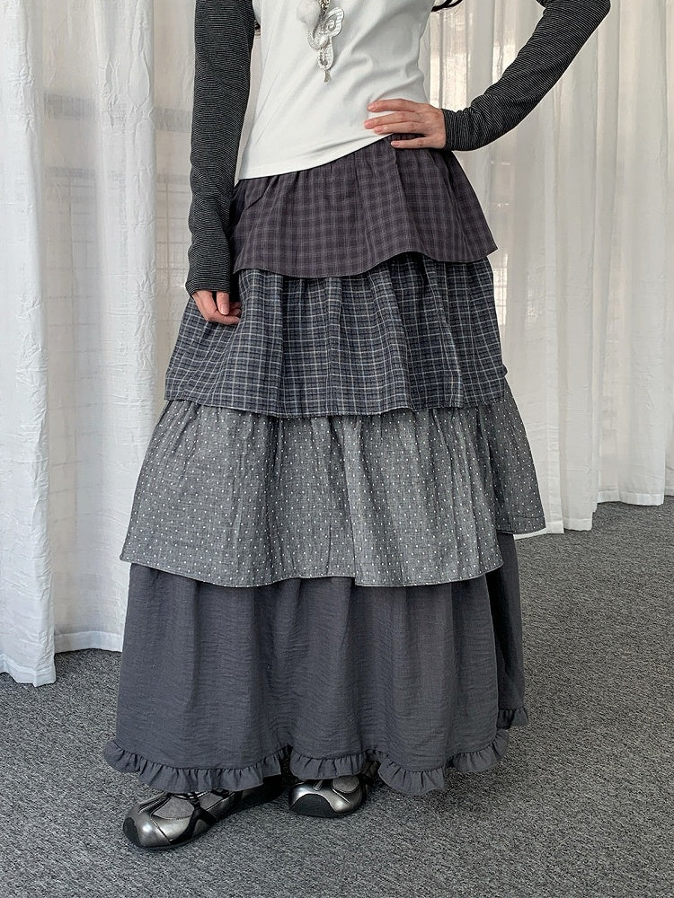 Dark Gray Plaid and Polka Dot Layered Ruffle Skirt - Solkatt