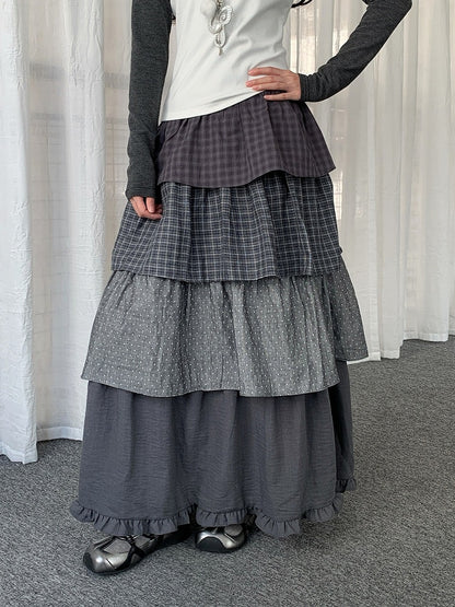 Dark Gray Plaid and Polka Dot Layered Ruffle Skirt - Solkatt