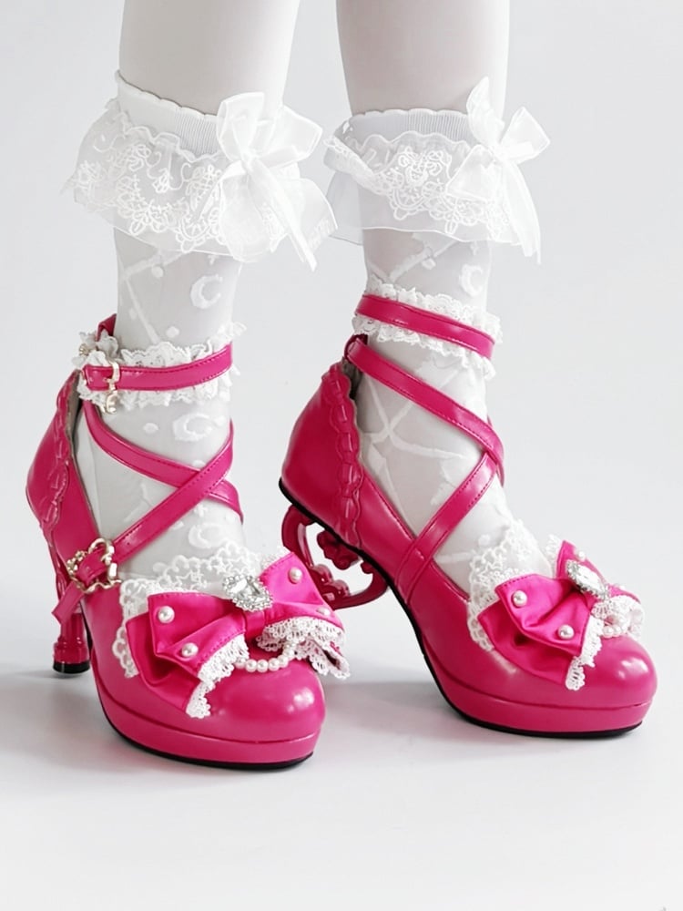 Rose High-heel Pink Crystal Janes Bow Sparkling Lolita Hime Mary with Beads - in