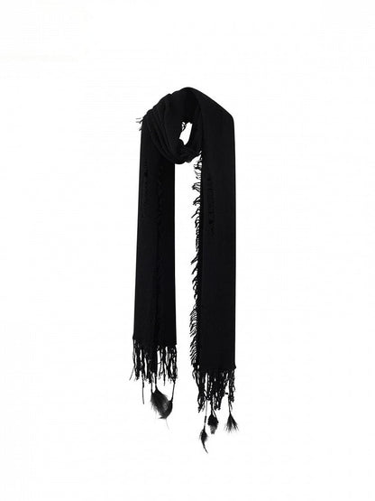 Black Long Distressed Scarf with Fringe - Low pixel