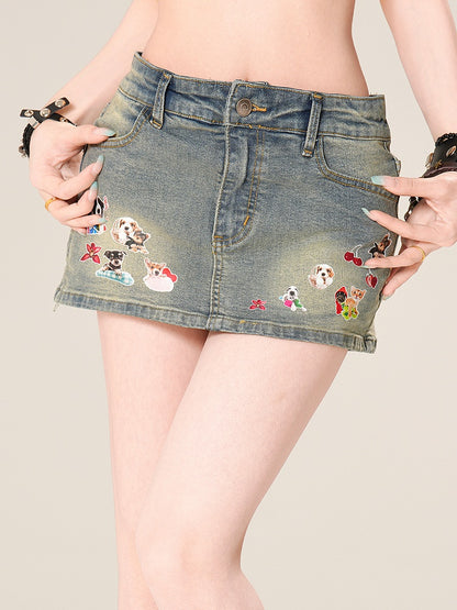 Jeansrock Bodycon Mini Adorable Puppy Print Blau