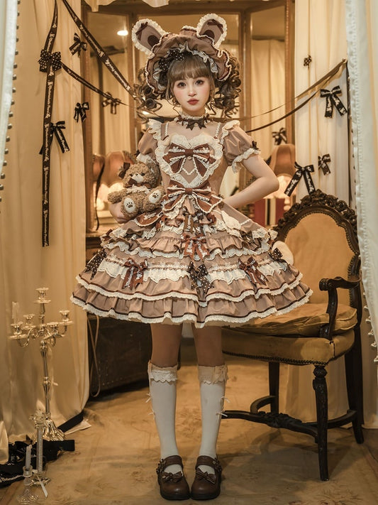 Eine Schleife Rüschen Lolita Sweet Bunny Thema Kleid braun Akzente Stück Prinzessin