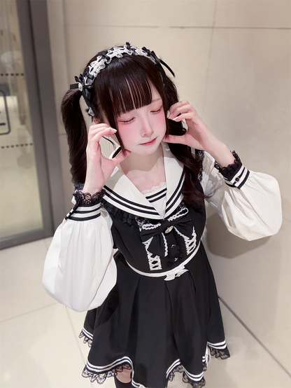 Jirai Bunny-Ear Lace Sailor with Dress White Long and Dress: Trim Kawaii Black Kei Collar Sleeve