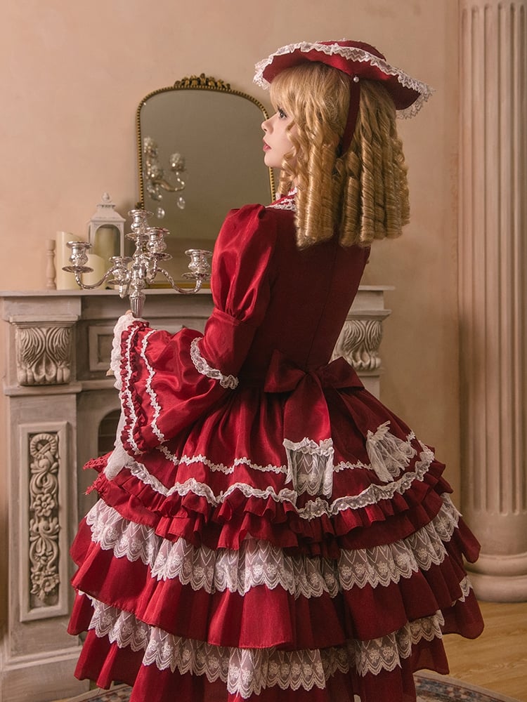 Wunderschönes Lolita-Kleid mit gestuftem Rüschenrock, Puffärmeln und Glockenärmeln in Rot
