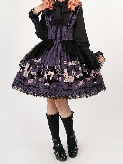 Lolita and Straps Ruffle Waist High Print Kitty Purple Cake Detachable Skirt with