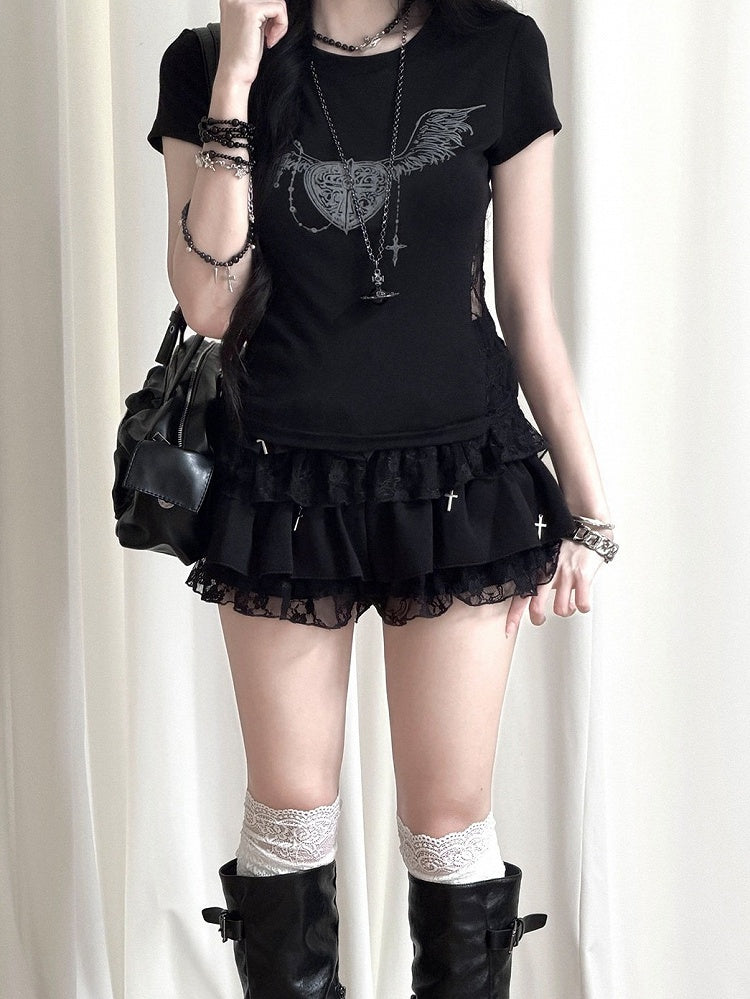 Black Wing Heart Print Tee with Lace Accents - Kyouko Baby