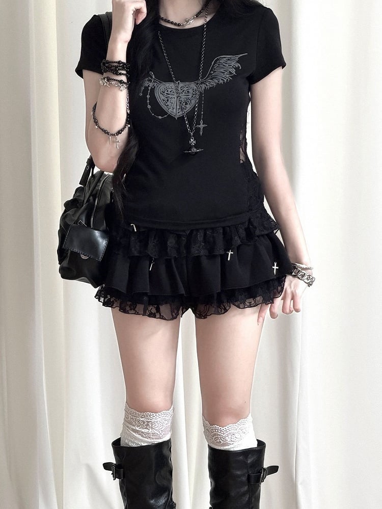 Tiered Skort with Lace Trim & Cross Charms - Kyouko Baby