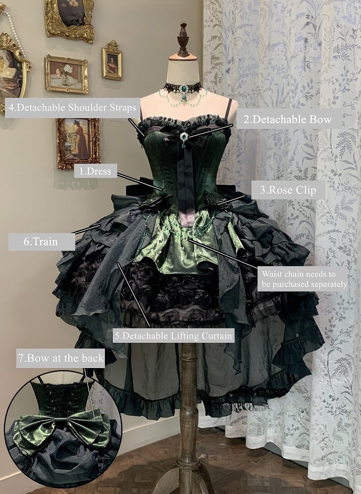 Black Lolita Bouquet Boned with Rose Dress Strapless Hem Green Gothic