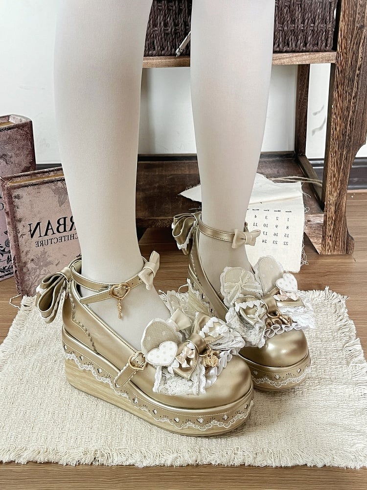 Gold Lolita Round Toe Platform Shoes with Bow, Lace and Rabbit Ear Detail - Cheese Mango