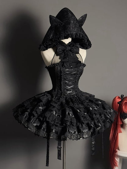 スカートセット ノースリーブ 黒 ロリータ ゴシック ティアード フルホルターネック トップ ブラック +