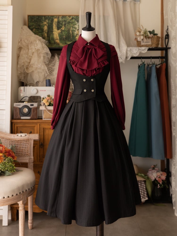 Red Ruffle-Trim Long-Sleeve Shirt with Bow Tie