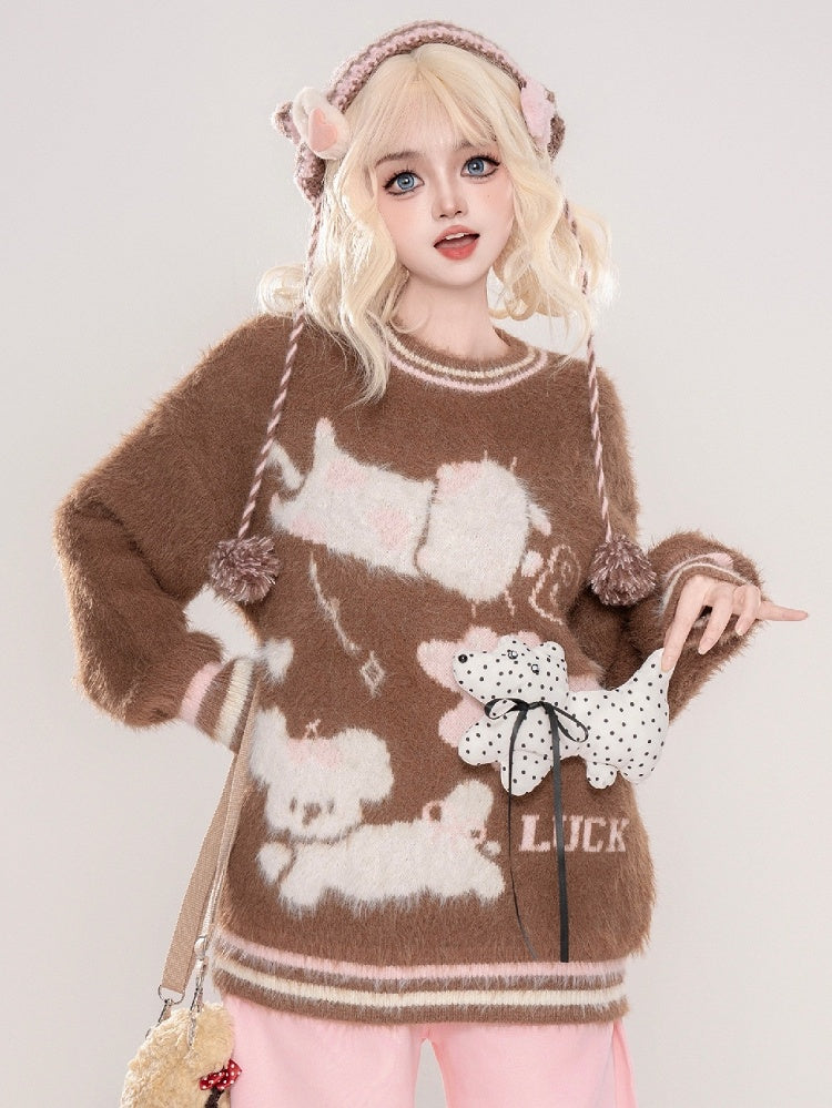 かわいい子犬が飾られたコーヒー/アプリコットの子犬柄ラウンドネックモヘアセーター