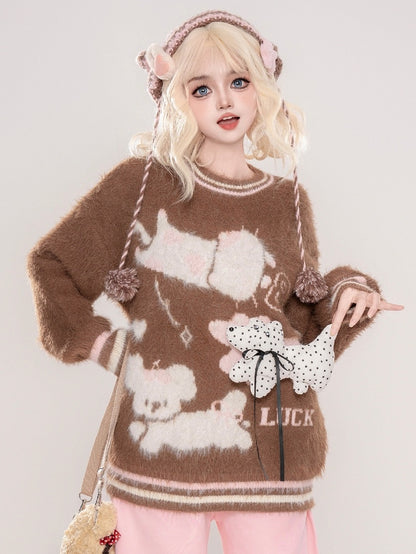 かわいい子犬が飾られたコーヒー/アプリコットの子犬柄ラウンドネックモヘアセーター