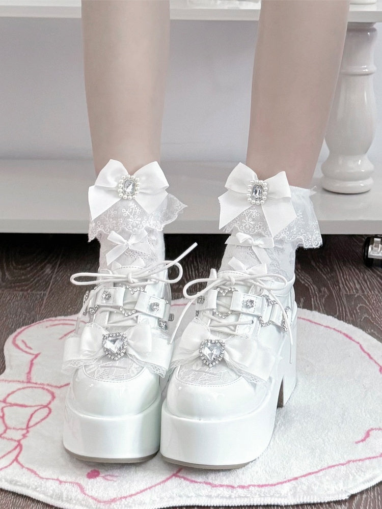 with Heart Bow Cross Mary Embroidery Jirai - Toe Heel Platform Rhinestone Janes Kei White