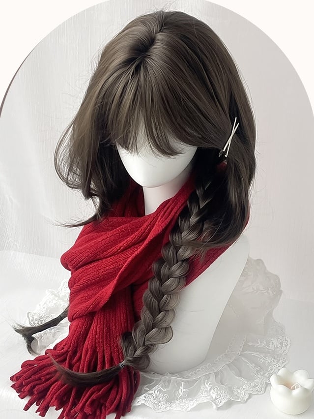 Braune, unterbrustlange, glatte HimeCut-Kunsthaarperücke mit Pony