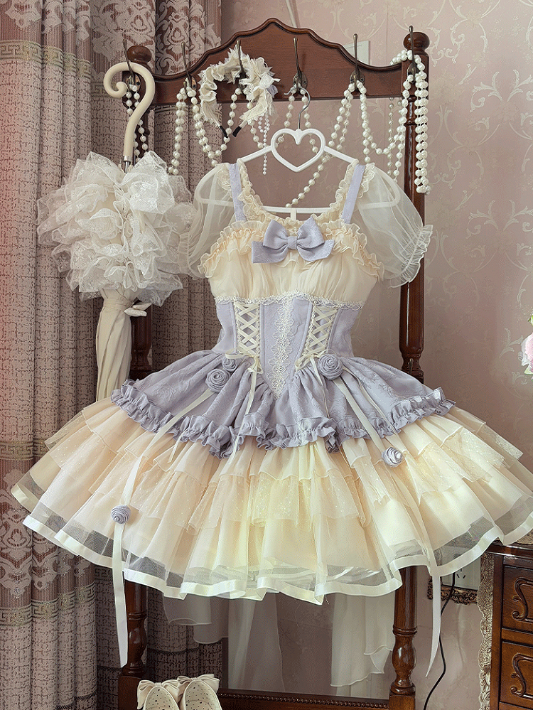 Zug Beige und Lila Großes Korsett Sweet Lolita Balletcore Kleid Taille Schnürung mit Schleife JSK