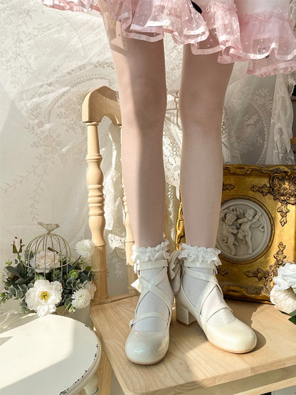 Round White Mary - Accent Design Crisscross Sweet Shoes Toe Jane Bow