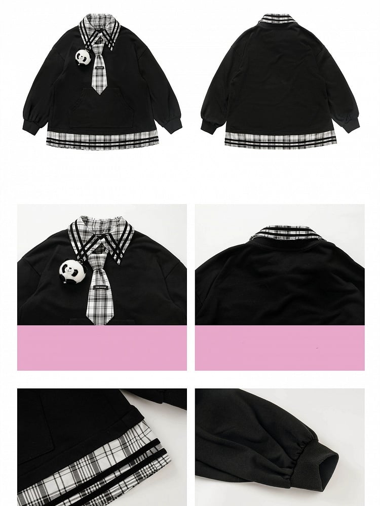 Panda Spielzeug Sweatshirt Schwarz Spleißen Plüsch Plaid mit