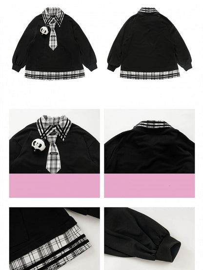 Panda Spielzeug Sweatshirt Schwarz Spleißen Plüsch Plaid mit