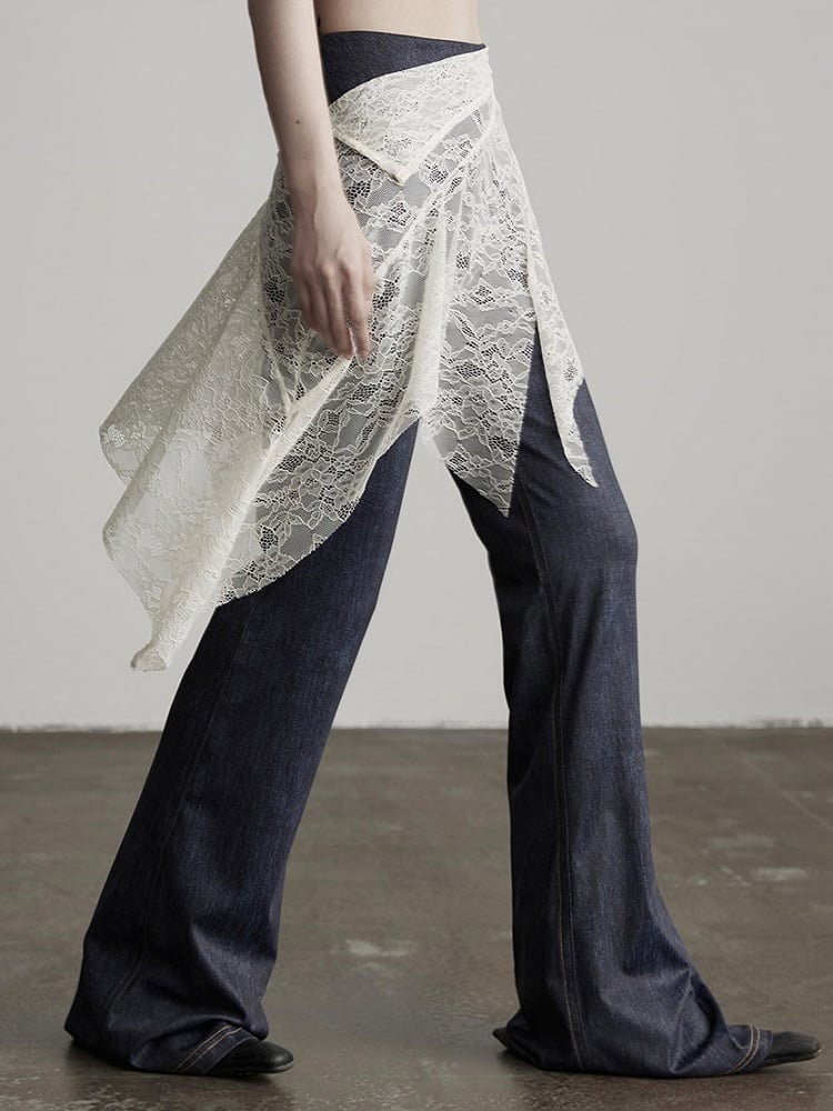 Goth Skirted Urban Denim-Like Pants Cincher Asymmetrical White Blue Lace Flared with Waist Dark