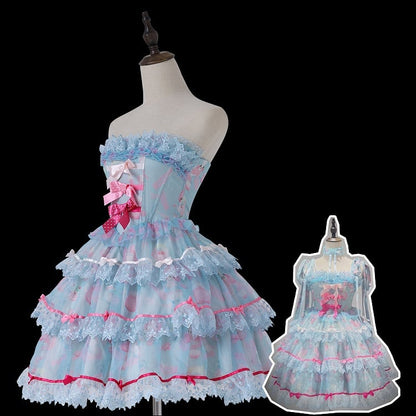 Satin-Bonding-Bunny-Kleid mit Lolita-Print-Akzenten und süßer blauer Schleife