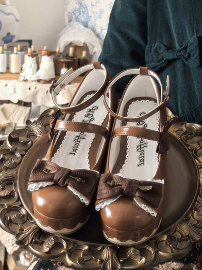 Sweet Decoration Striped Bow with Jane Shoes Lace Mary Trim PU Platform Brown