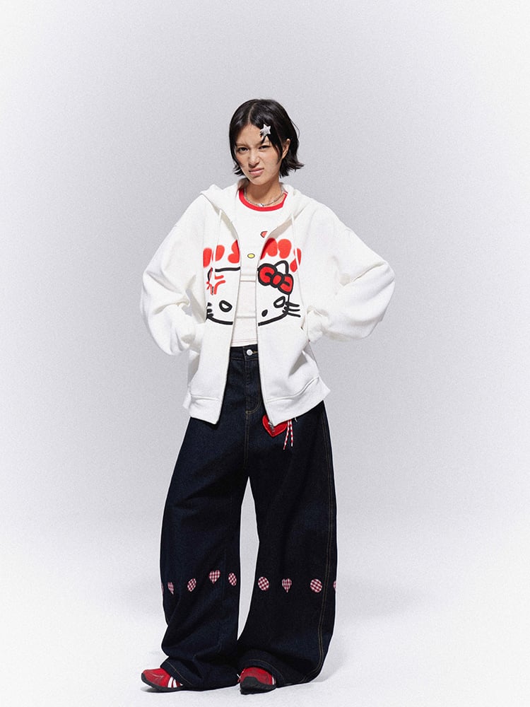 Heart Denim Black with Embroidery Vintage Wide-Leg Trousers Plaid