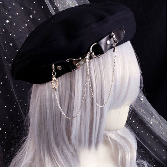 Black Beret Decorated Chain Buckled