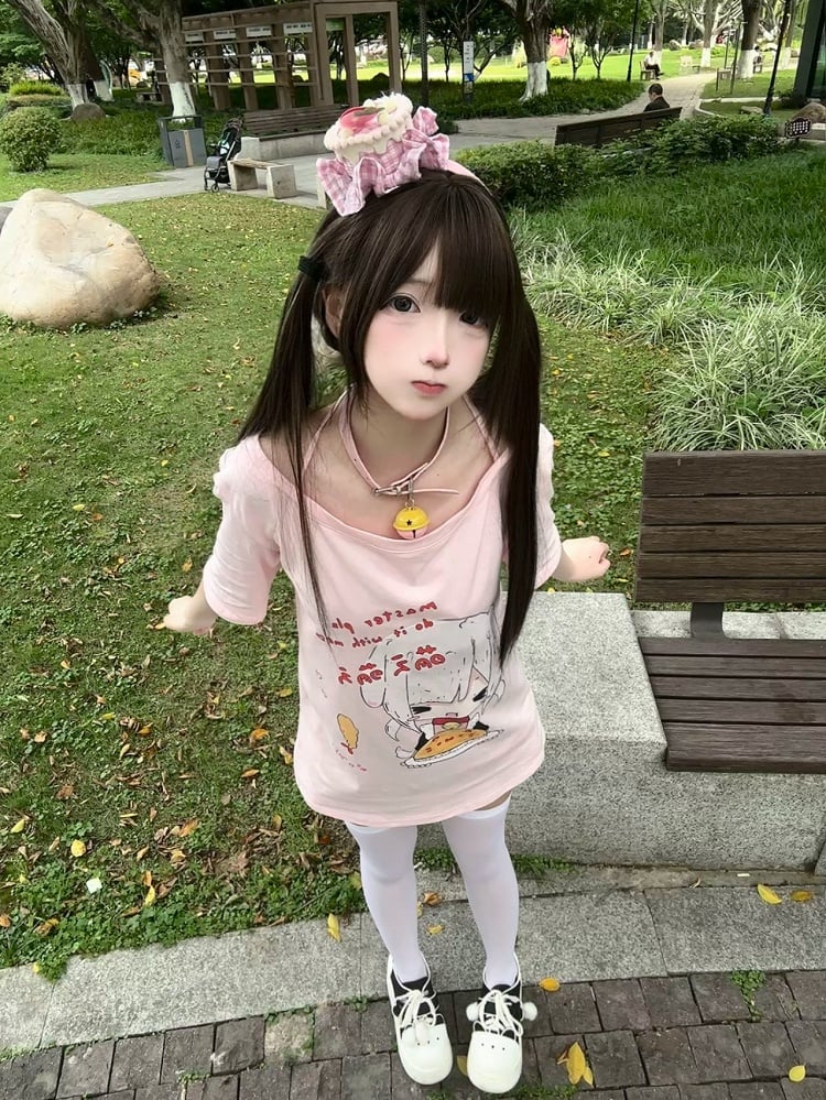 Cartoon with Neck T-shirt Print Girl Halter Pink