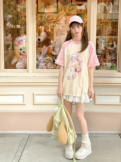Beige and Pink Colorblock Design Anime Print Bittersweet Zip T-Shirt Y2K Hem