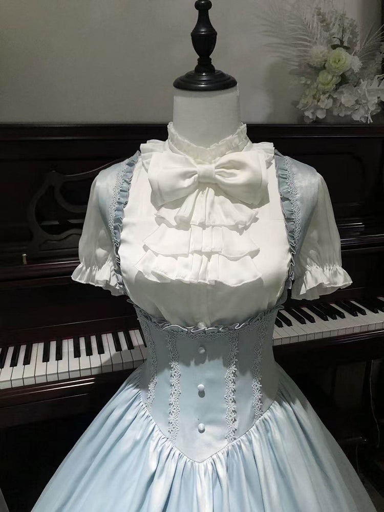 Light Blue Satin Basque Waist Under Bust Elegant Lolita JSK - Alice in Wonderland Lolita