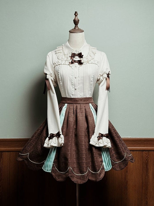 Chocolate with Scalloped Trim Green Pleating Mint Sweet Details Skirt Edge Lolita