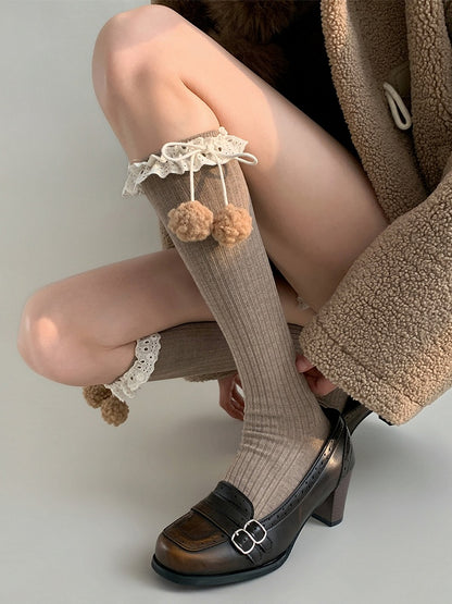 Stockings (5 Ruffle Pom-Pom Lace Trim Ribbed Colors)