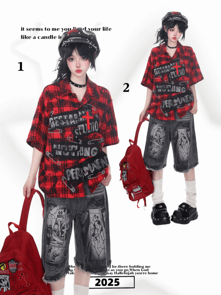 Raw Hem and Monochrome Comic Strip Print Dark Grey Denim Shorts with