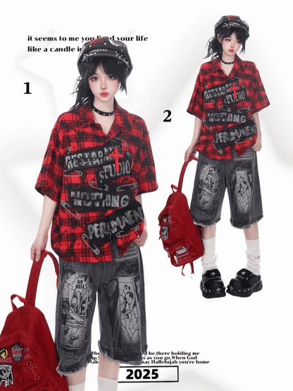 Raw Hem and Monochrome Comic Strip Print Dark Grey Denim Shorts with