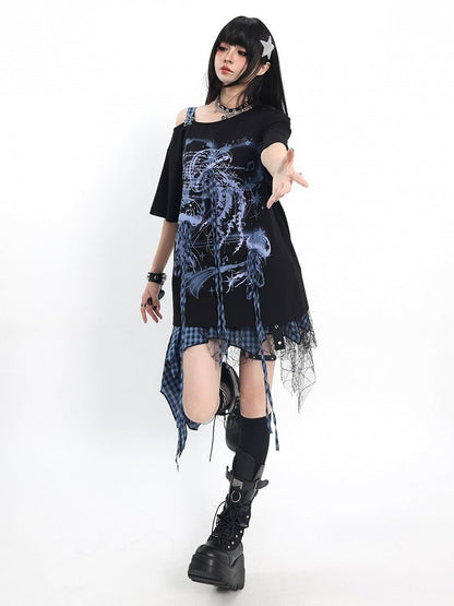 Asymmetrical Tee with Jellyfish Print and Bows - Catwish