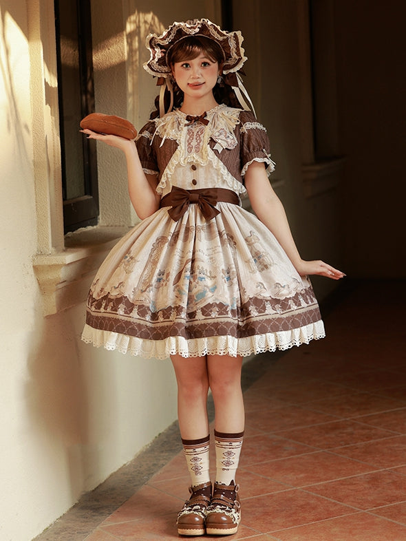 Braunes Lolita-Kleid mit Rüschen und Rundhalsausschnitt, Kitty- und Teddy-Print, Sweet Lolita OP